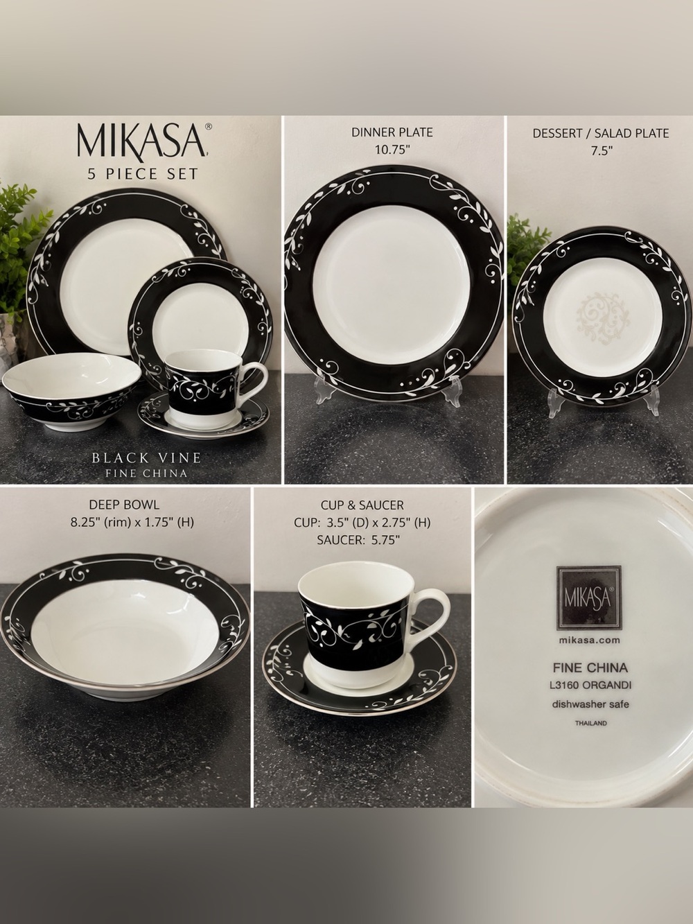 Mikasa Black Vine Fine China Dinnerware Set - Black & White